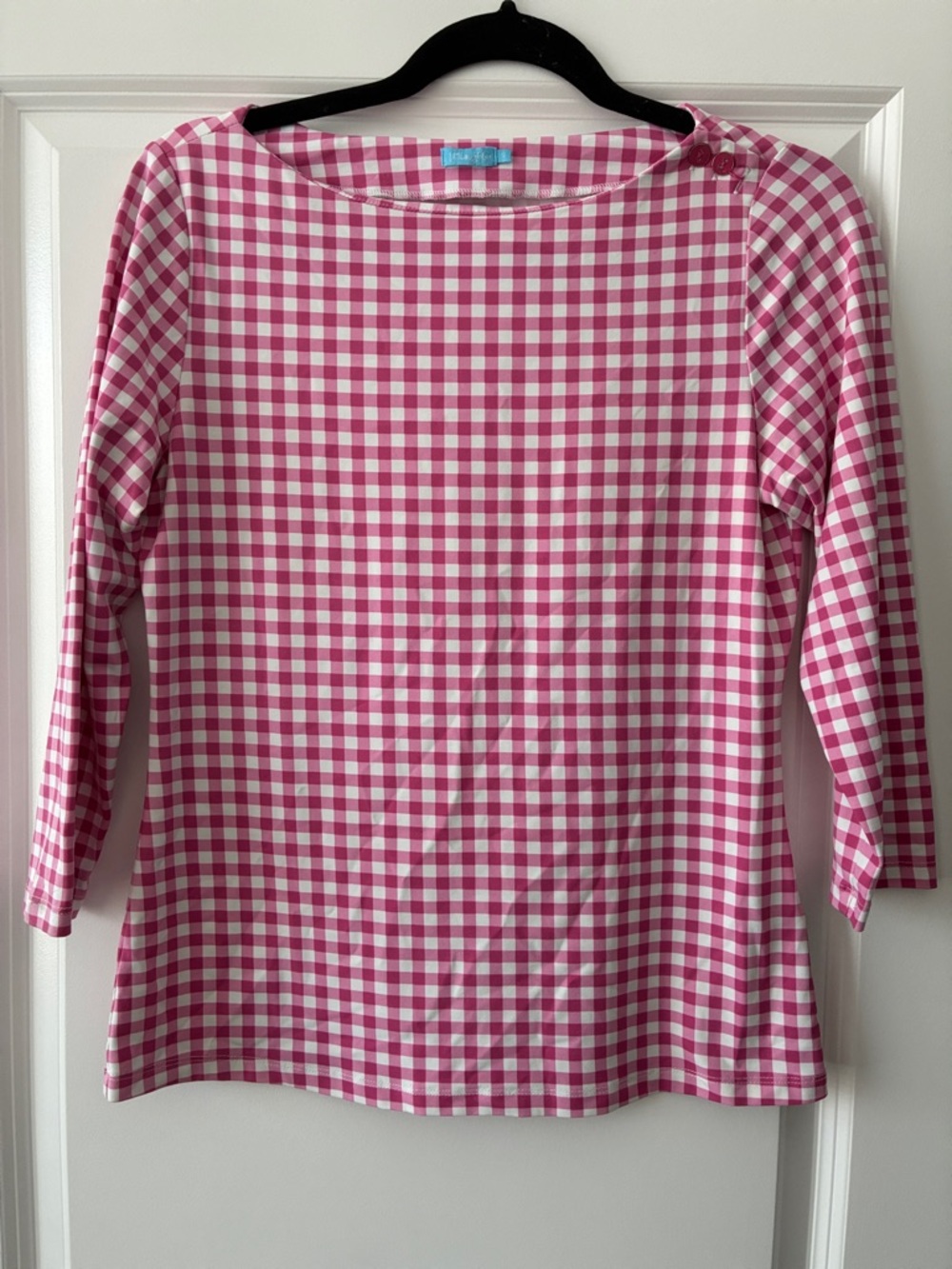 J McLaughlin Size S 3/4 Length Sleeves Pink Gingham Windsong Top